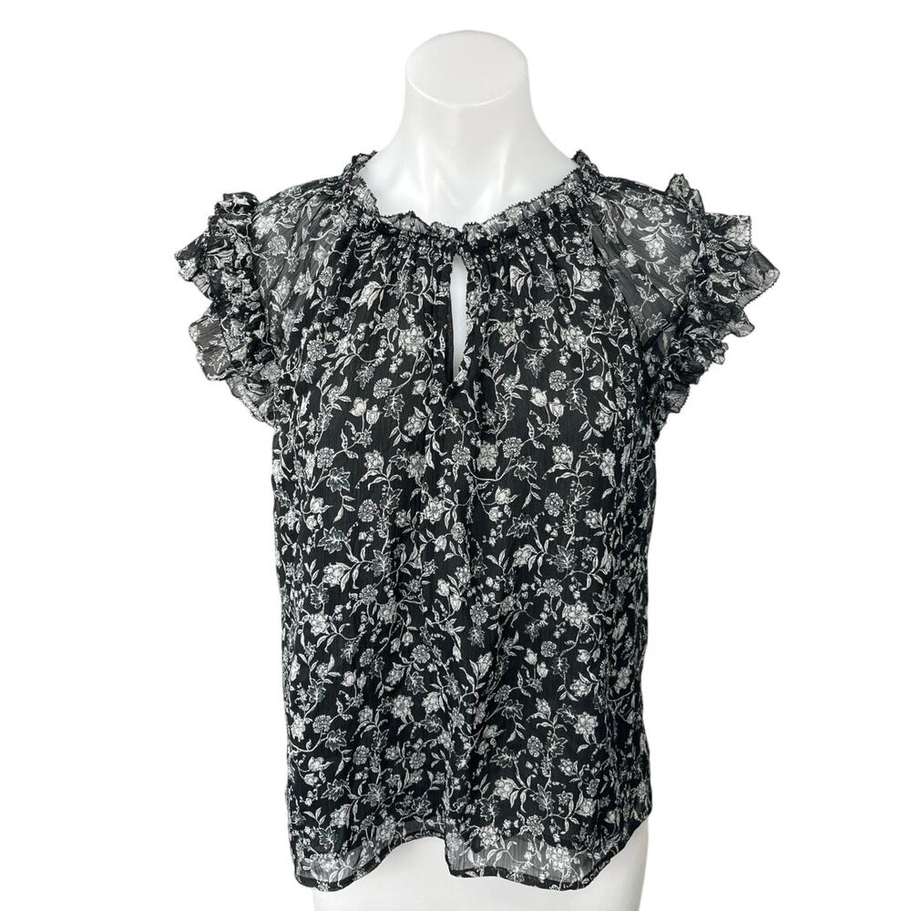 Old Navy Black Chiffon Floral Print Ruffle Short Sleeve Keyhole Blouse Top Sz L